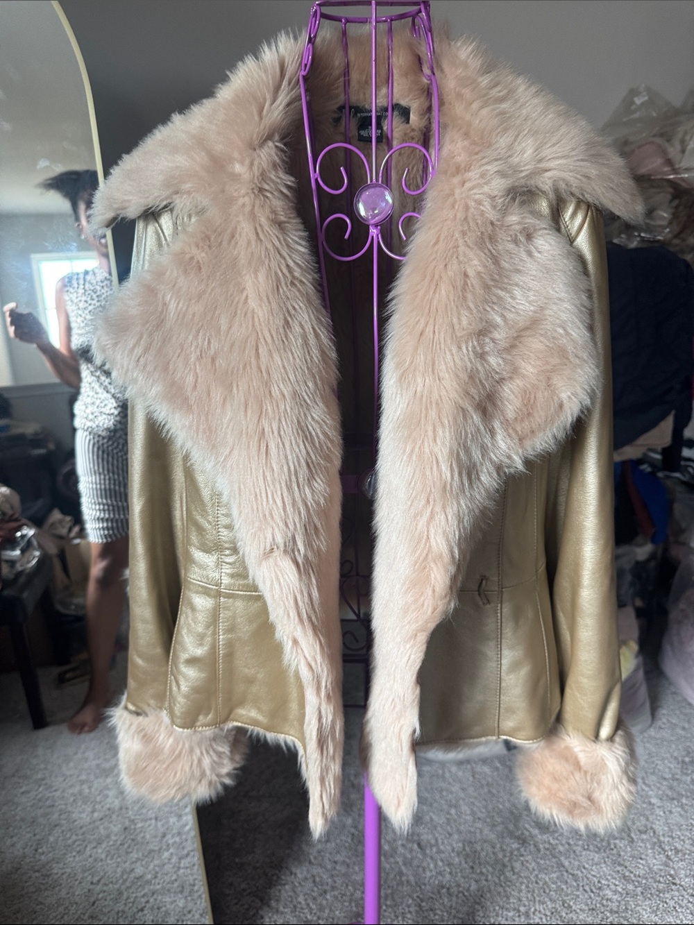 INC Metallic Gold Leather Jacket with Beige Faux-Fur Trim